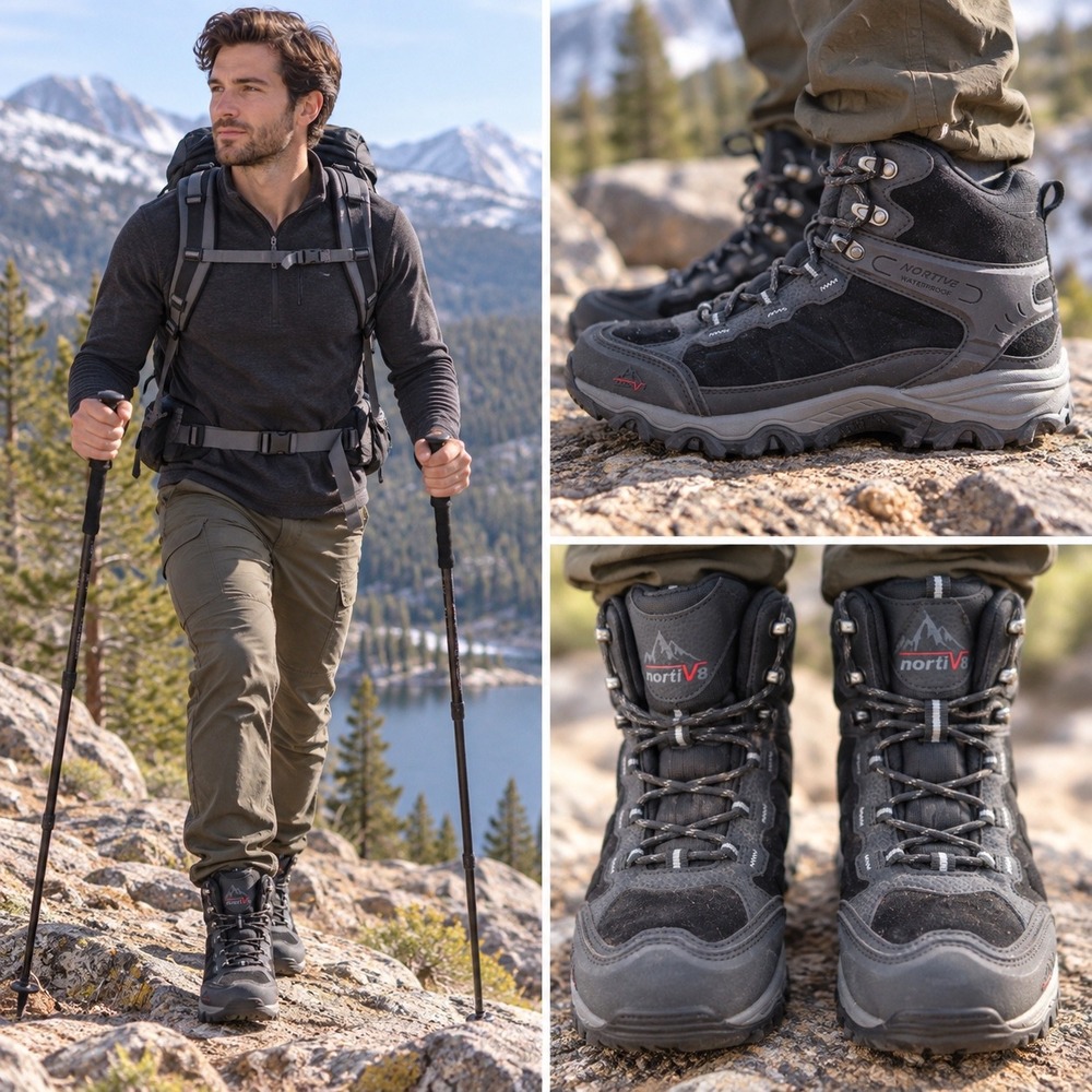 Nortiv8‎ JS19004M Mens Waterproof Hiking Boots Black Grey Suede Mid Top 7.5